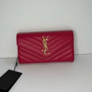 Brand New YSL Grain de Poudre Matelasse Monogram Flap Wallet - Bubblegum